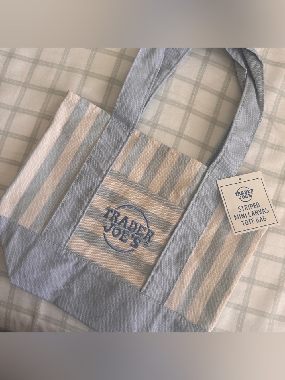 🆕💙 Trader Joes Summer Striped Canvas Mini Tote Bag Blue